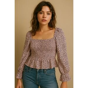 Womens Babydoll Top Size M Pink Black Smocked Milkmaid Boho Romantic Long Sleeve